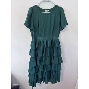 Polygram womens size large green dress tiered ruffles short sleeve maxi boho